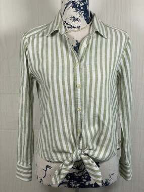 LOFT XS Green & White Striped Linen Blend Tie-Front Button Down Shirt